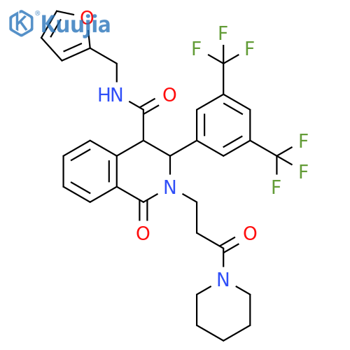 4-Isoquinolinecarboxamide,3-[3,5-bis(trifluoromethyl)phenyl]-N-(2-furanylmethyl)-1,2,3,4-tetrahydro-1-oxo-2-[3-oxo-3-(1-piperidinyl)propyl]- structure