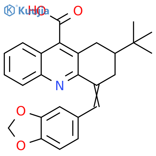 4-(1,3-dioxaindan-5-yl)methylidene-2-tert-butyl-1,2,3,4-tetrahydroacridine-9-carboxylic acid structure