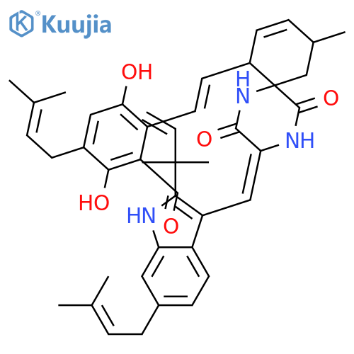 Benzaldehyde,2-[2-[3-[[2-(1,1-dimethyl-2-propenyl)-6-(3-methyl-2-butenyl)-1H-indol-3-yl]methylene]-10-methyl-2,5-dioxo-1,4-diazaspiro[5.5]undec-8-en-7-yl]ethenyl]-3,6-dihydroxy-5-(3-methyl-2-butenyl)-(9CI) structure