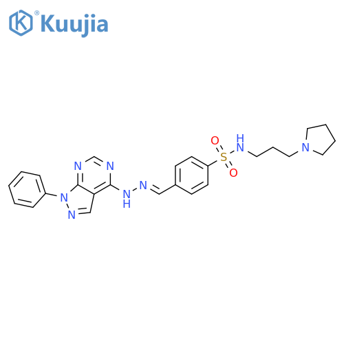 Benzenesulfonamide,4-[(E)-[(1-phenyl-1H-pyrazolo[3,4-d]pyrimidin-4-yl)hydrazono]methyl]-N-[3-(1-pyrrolidinyl)propyl]- structure