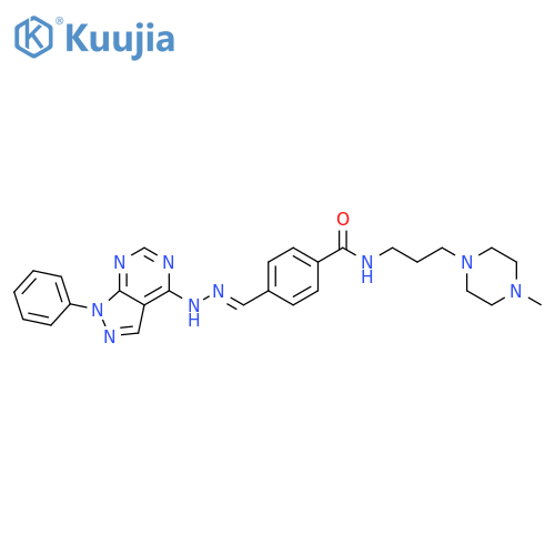 Benzamide,N-[3-(4-methyl-1-piperazinyl)propyl]-4-[(E)-[(1-phenyl-1H-pyrazolo[3,4-d]pyrimidin-4-yl)hydrazono]methyl]- structure
