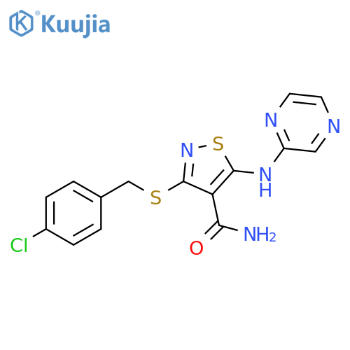 4-Isothiazolecarboxamide,3-[[(4-chlorophenyl)methyl]thio]-5-(pyrazinylamino)- structure