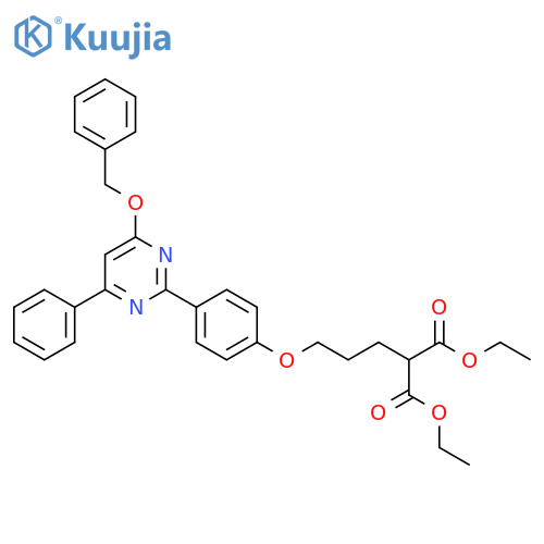 Propanedioic acid, 2-[3-[4-[4-phenyl-6-(phenylmethoxy)-2-pyrimidinyl]phenoxy]propyl]-, 1,3-diethyl ester structure