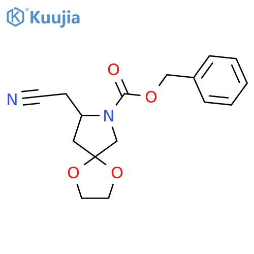 1,4-Dioxa-7-azaspiro[4.4]nonane-7-carboxylic acid, 8-(cyanomethyl)-,phenylmethyl ester, (8R)- structure