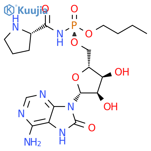 Adenosine, 7,8-dihydro-8-oxo-, 5'-[butyl (R)-[(2S)-2-pyrrolidinylcarbonyl]phosphoramidate] (9CI) structure