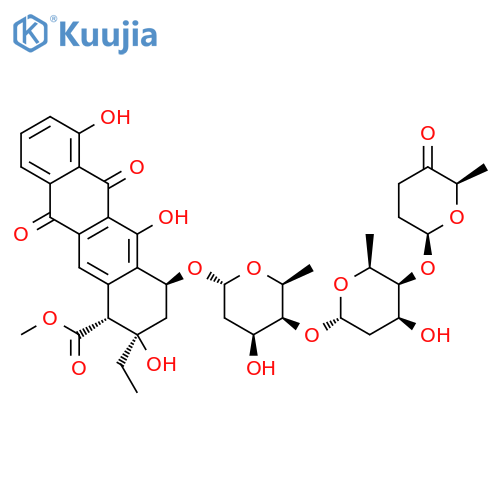 methyl (1R,2R,4S)-4-[(2,6-dideoxy-4-O-{2,6-dideoxy-4-O-[(2R,6R)-6-methyl-5-oxotetrahydro-2H-pyran-2-yl]-alpha-L-lyxo-hexopyranosyl}-alpha-L-lyxo-hexopyranosyl)oxy]-2-ethyl-2,5,7-trihydroxy-6,11-dioxo-1,2,3,4,6,11-hexahydrotetracene-1-carboxylate structure