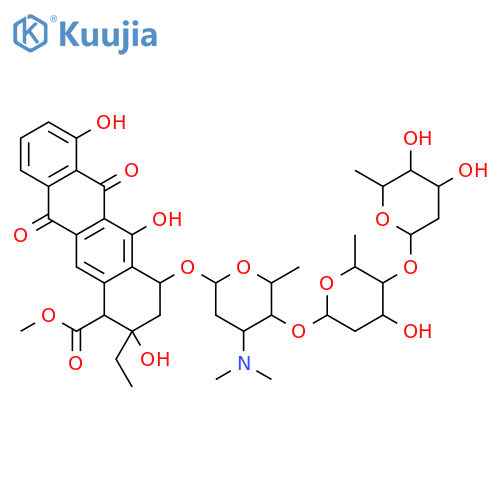 methyl 4-{[2,6-dideoxyhexopyranosyl-(1->4)-2,6-dideoxyhexopyranosyl-(1->4)-2,3,6-trideoxy-3-(dimethylamino)hexopyranosyl]oxy}-2-ethyl-2,5,7-trihydroxy-6,11-dioxo-1,2,3,4,6,11-hexahydrotetracene-1-carboxylate structure