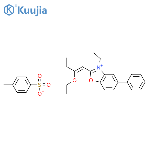 2-[(1E)-2-ethoxybut-1-en-1-yl]-3-ethyl-5-phenyl-1,3-benzoxazol-3-ium 4-methylbenzenesulfonate structure