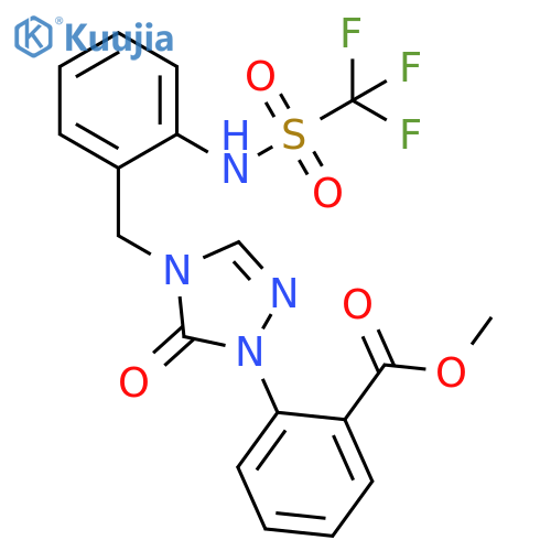 Benzoic acid,2-[4,5-dihydro-5-oxo-4-[[2-[[(trifluoromethyl)sulfonyl]amino]phenyl]methyl]-1H-1,2,4-triazol-1-yl]-, methyl ester structure