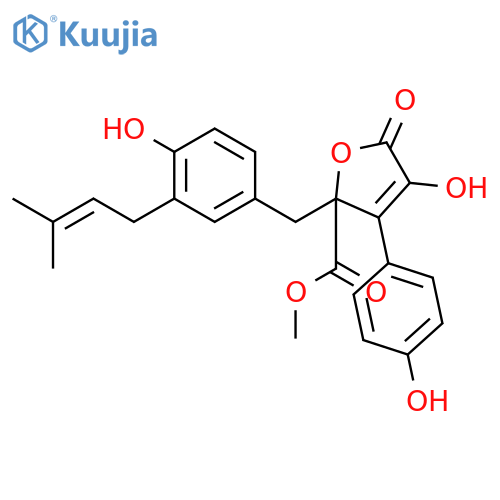 (S)-4-hydroxy-2-[4-hydroxy-3-(3-methylbut-2-enyl)benzyl]-3-(4-hydroxyphenyl)-5-oxo-2,5-dihydrofuran-2-carboxylic acid methyl ester structure