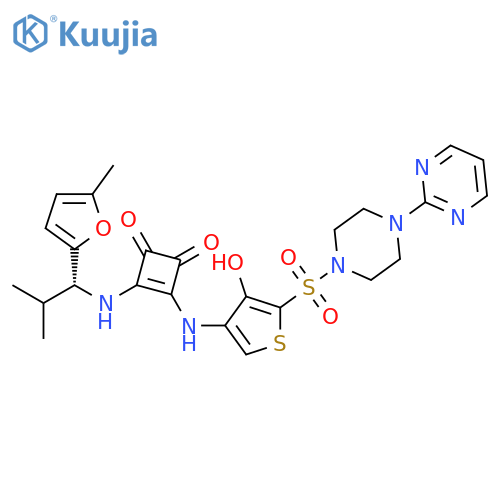 Piperazine,1-[[3-hydroxy-4-[[2-[[(1R)-2-methyl-1-(5-methyl-2-furanyl)propyl]amino]-3,4-dioxo-1-cyclobuten-1-yl]amino]-2-thienyl]sulfonyl]-4-(2-pyrimidinyl)- structure