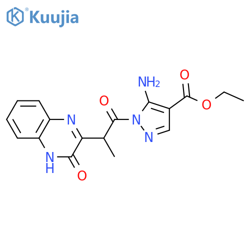 1H-Pyrazole-4-carboxylic acid,5-amino-1-[2-(3,4-dihydro-3-oxo-2-quinoxalinyl)-1-oxopropyl]-, ethylester structure