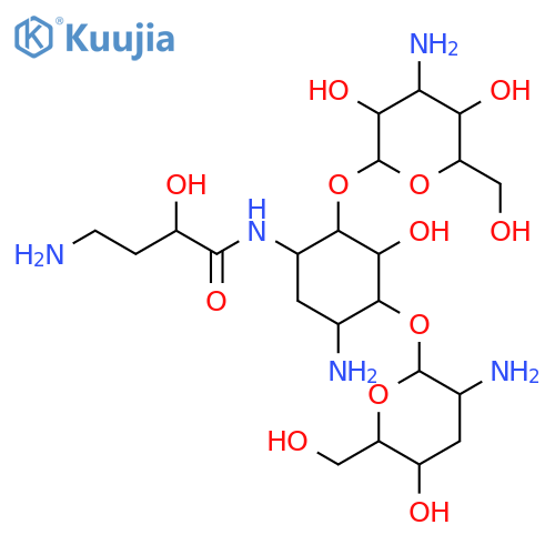 4-amino-N-{5-amino-2-[(3-amino-3-deoxyhexopyranosyl)oxy]-4-[(2-amino-2,3-dideoxyhexopyranosyl)oxy]-3-hydroxycyclohexyl}-2-hydroxybutanamide structure