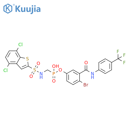 Phosphonic acid,[[[(4,7-dichlorobenzo[b]thien-2-yl)sulfonyl]amino]methyl]-,mono[4-bromo-3-[[[4-(trifluoromethyl)phenyl]amino]carbonyl]phenyl]ester structure