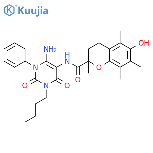 2H-1-Benzopyran-2-carboxamide,N-(6-amino-3-butyl-1,2,3,4-tetrahydro-2,4-dioxo-1-phenyl-5-pyrimidinyl)-3,4-dihydro-6-hydroxy-2,5,7,8-tetramethyl- structure