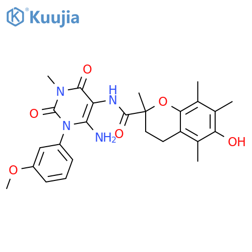 2H-1-Benzopyran-2-carboxamide,N-[6-amino-1,2,3,4-tetrahydro-1-(3-methoxyphenyl)-3-methyl-2,4-dioxo-5-pyrimidinyl]-3,4-dihydro-6-hydroxy-2,5,7,8-tetramethyl- structure