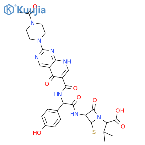 4-Thia-1-azabicyclo[3.2.0]heptane-2-carboxylicacid,6-[[[[[2-(4-acetyl-1-piperazinyl)-1,5-dihydro-5-oxopyrido[2,3-d]pyrimidin-6-yl]carbonyl]amino](4-hydroxyphenyl)acetyl]amino]-3,3-dimethyl-7-oxo-,[2S-[2a,5a,6b(S*)]]- (9CI) structure