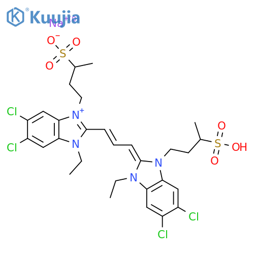 hydrogen 5,6-dichloro-2-[3-[2H-benzimidazol-2-ylidene-5,6-dichloro-1-ethyl-1,3-dihydro-3-(3-sulphonatobutyl)]propen-1-yl]-1-ethyl-3-(3-sulphonatobutyl)-1H-benzimidazolium, sodium salt structure