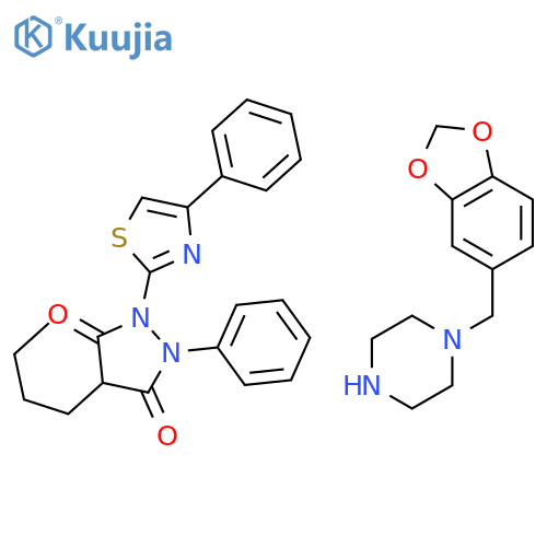 4-butyl-1-phenyl-2-(4-phenyl-1,3-thiazol-2-yl)pyrazolidine-3,5-dione - 1-(1,3-benzodioxol-5-ylmethyl)piperazine (1:1) structure