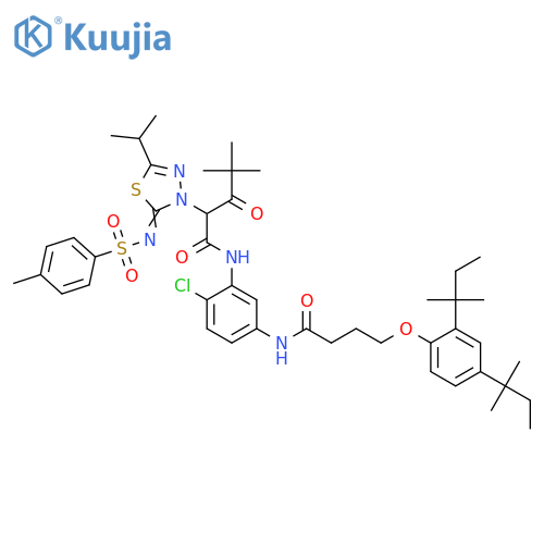 N-[5-[4-[2,4-Bis(2-methylbutan-2-yl)phenoxy]butanoylamino]-2-chlorophenyl]-4,4-dimethyl-2-[2-(4-methylphenyl)sulfonylimino-5-propan-2-yl-1,3,4-thiadiazol-3-yl]-3-oxopentanamide structure