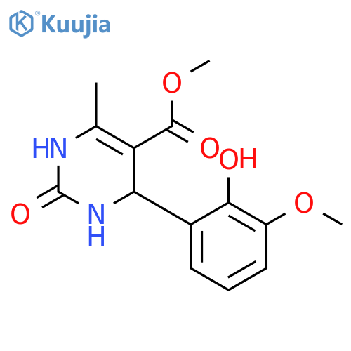 Methyl 4-(2-hydroxy-3-methoxyphenyl)-6-methyl-2-oxo-1,2,3,4-tetrahydropyrimidine-5-carboxylate (en)5-pyrimidinecarboxylic Acid, 1,2,3,4-tetrahydro-4-(2-hydroxy-3-methoxyphenyl)-6-methyl-2-oxo-, Methyl Ester (en) structure