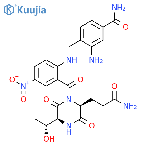 Cyclo[2-[[[2-amino-4-(aminocarbonyl)phenyl]methyl]amino]-5-nitrobenzoyl-L-glutaminyl-L-threonyl] structure