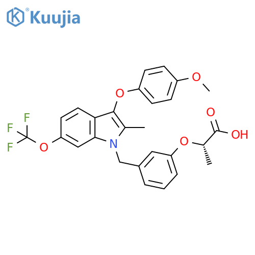 Propanoic acid,2-[3-[[3-(4-methoxyphenoxy)-2-methyl-6-(trifluoromethoxy)-1H-indol-1-yl]methyl]phenoxy]-, (2S)- structure