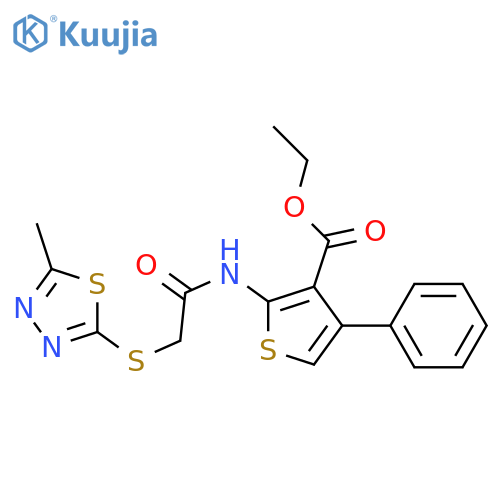ethyl 2-{2-(5-methyl-1,3,4-thiadiazol-2-yl)sulfanylacetamido}-4-phenylthiophene-3-carboxylate structure