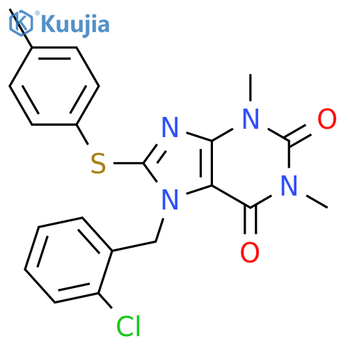 7-(2-chlorophenyl)methyl-1,3-dimethyl-8-(4-methylphenyl)sulfanyl-2,3,6,7-tetrahydro-1H-purine-2,6-dione structure