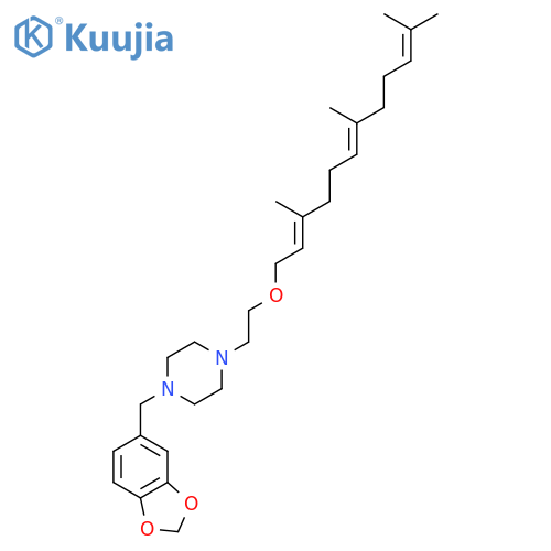 1-(1,3-benzodioxol-5-ylmethyl)-4-(2-{[(2E,6E)-3,7,11-trimethyldodeca-2,6,10-trien-1-yl]oxy}ethyl)piperazine structure