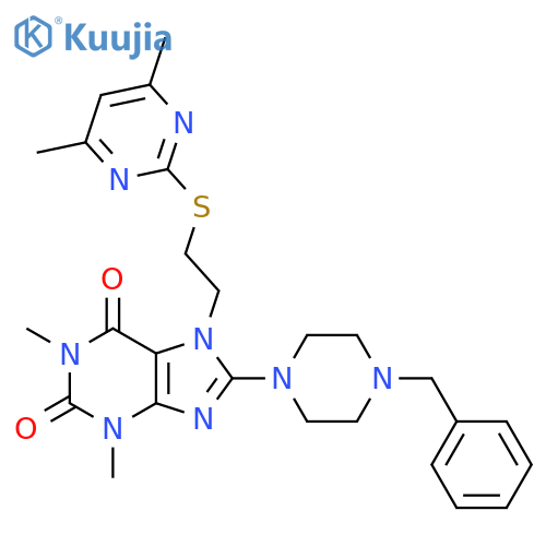 8-(4-benzylpiperazin-1-yl)-7-{2-(4,6-dimethylpyrimidin-2-yl)sulfanylethyl}-1,3-dimethyl-2,3,6,7-tetrahydro-1H-purine-2,6-dione structure