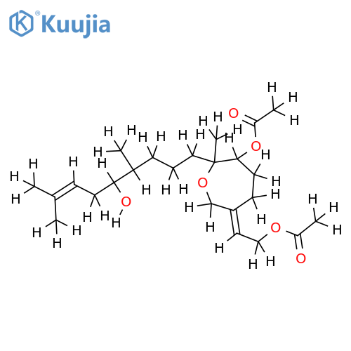 2S,3R-3-acetoxy-6-(2-acetoxyethylidene)-2-methyl-2-(4,8-dimethyl-5-hydroxy-7-nonenyl)-oxepane structure