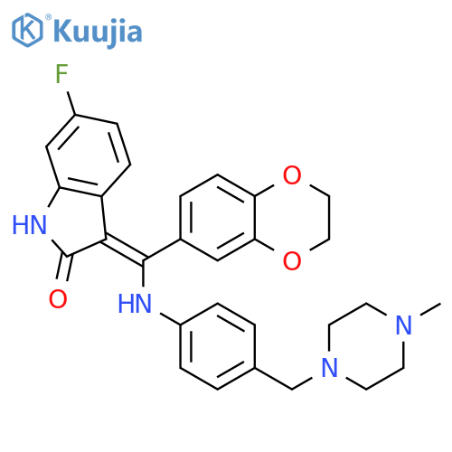 2H-Indol-2-one,3-[(2,3-dihydro-1,4-benzodioxin-6-yl)[[4-[(4-methyl-1-piperazinyl)methyl]phenyl]amino]methylene]-6-fluoro-1,3-dihydro-, (3Z)- structure