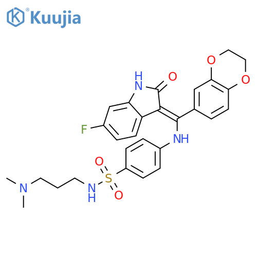 Benzenesulfonamide,4-[[(Z)-(2,3-dihydro-1,4-benzodioxin-6-yl)(6-fluoro-1,2-dihydro-2-oxo-3H-indol-3-ylidene)methyl]amino]-N-[3-(dimethylamino)propyl]- structure