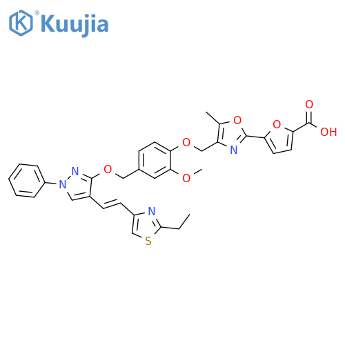2-Furancarboxylic acid,5-[4-[[4-[[[4-[(1E)-2-(2-ethyl-4-thiazolyl)ethenyl]-1-phenyl-1H-pyrazol-3-yl]oxy]methyl]-2-methoxyphenoxy]methyl]-5-methyl-2-oxazolyl]- structure