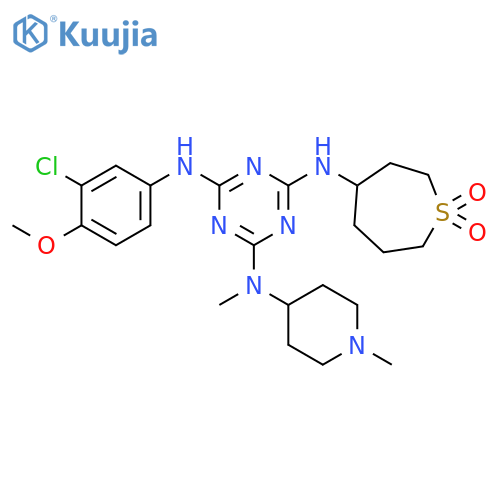 1,3,5-Triazine-2,4,6-triamine,N'-(3-chloro-4-methoxyphenyl)-N''-(1,1-dioxido-4-thiepanyl)-N-methyl-N-(1-methyl-4-piperidinyl)- structure