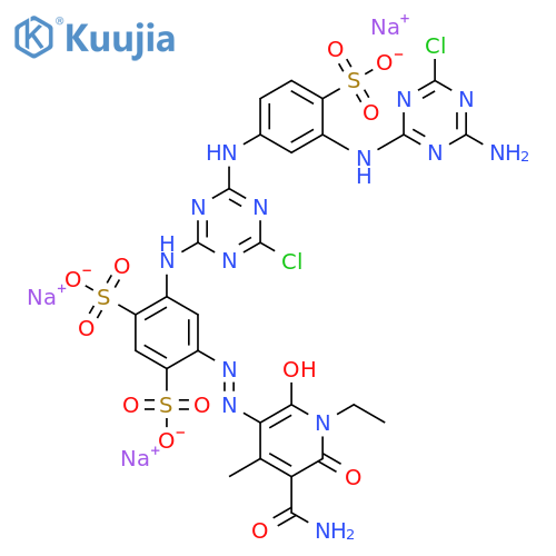 1,3-Benzenedisulfonic acid, 4-[[5-(aminocarbonyl)-1-ethyl-1,6-dihydro-2-hydroxy-4-methyl-6-oxo-3-pyridinyl]azo]-6-[[4-[[3-[(4-amino-6-chloro-1,3,5-triazin-2-yl)amino]-4-sulfophenyl]amino]-6-chloro-1,3,5-triazin-2-yl]amino]-, trisodium salt structure