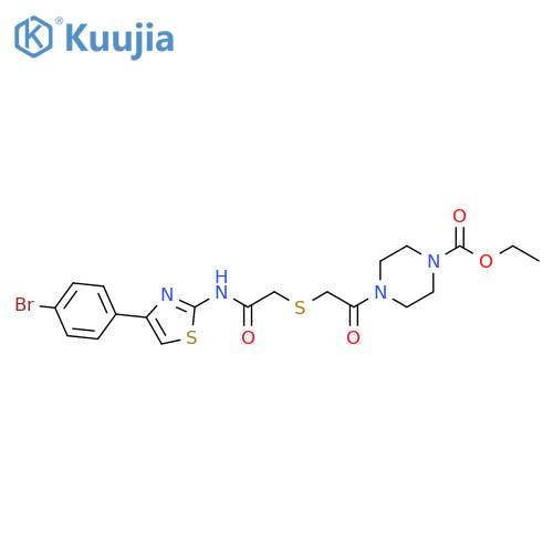ethyl 4-{2-({4-(4-bromophenyl)-1,3-thiazol-2-ylcarbamoyl}methyl)sulfanylacetyl}piperazine-1-carboxylate structure