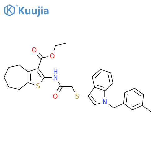 ethyl 2-[2-({1-[(3-methylphenyl)methyl]-1H-indol-3-yl}sulfanyl)acetamido]-4H,5H,6H,7H,8H-cyclohepta[b]thiophene-3-carboxylate structure