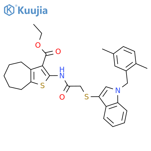 ethyl 2-2-({1-(2,5-dimethylphenyl)methyl-1H-indol-3-yl}sulfanyl)acetamido-4H,5H,6H,7H,8H-cycloheptabthiophene-3-carboxylate structure