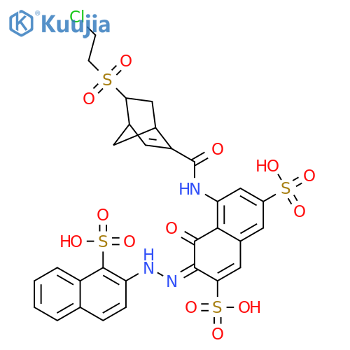 (3Z)-5-[({5-[(2-chloroethyl)sulfonyl]bicyclo[2.2.1]hept-2-en-2-yl}carbonyl)amino]-4-oxo-3-[2-(1-sulfonaphthalen-2-yl)hydrazinylidene]-3,4-dihydronaphthalene-2,7-disulfonic acid structure