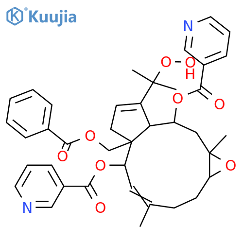 7,8-Epoxy-3,12-dolabelladiene-2,10,15,18-tetrol; (2β,3E,7α,8β,10β)-form, 18-Hydroperoxide, 2,10-bis-O-(3-pyridinecarbonyl), 15-benzoyl structure