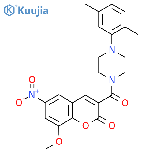 3-4-(2,5-dimethylphenyl)piperazine-1-carbonyl-8-methoxy-6-nitro-2H-chromen-2-one structure