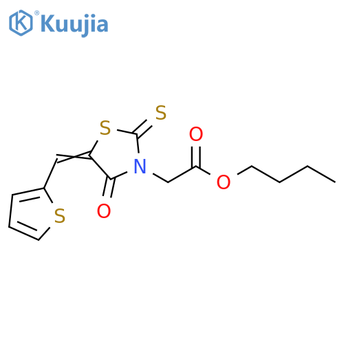 butyl 2-(5E)-4-oxo-2-sulfanylidene-5-(thiophen-2-yl)methylidene-1,3-thiazolidin-3-ylacetate structure