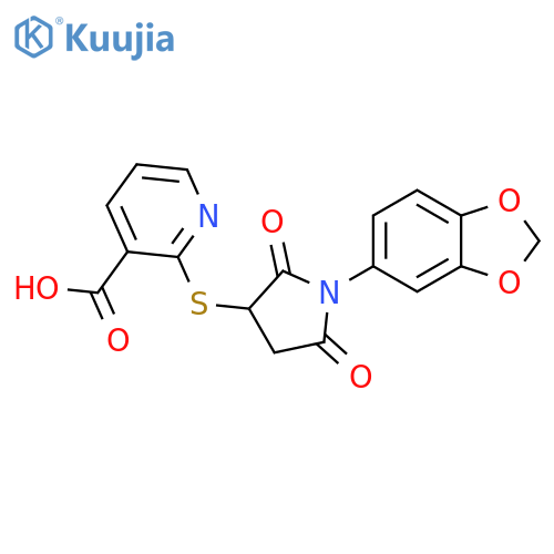 2-{1-(2H-1,3-benzodioxol-5-yl)-2,5-dioxopyrrolidin-3-ylsulfanyl}pyridine-3-carboxylic acid structure