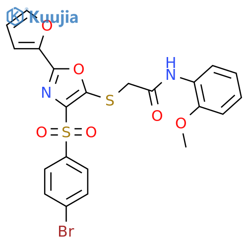 2-{4-(4-bromobenzenesulfonyl)-2-(furan-2-yl)-1,3-oxazol-5-ylsulfanyl}-N-(2-methoxyphenyl)acetamide structure