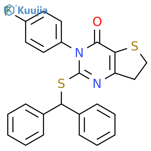 2-(diphenylmethyl)sulfanyl-3-(4-fluorophenyl)-3H,4H,6H,7H-thieno3,2-dpyrimidin-4-one structure
