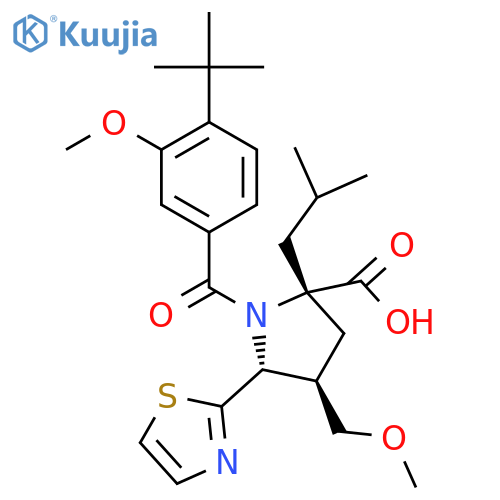 (2S,4R,5R)-1-(4-tert-butyl-3-methoxy-benzoyl)-2-isobutyl-4-(methoxymethyl)-5-thiazol-2-yl-pyrrolidine-2-carboxylic acid structure