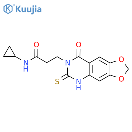 N-cyclopropyl-3-{8-oxo-6-sulfanylidene-2H,5H,6H,7H,8H-1,3dioxolo4,5-gquinazolin-7-yl}propanamide structure