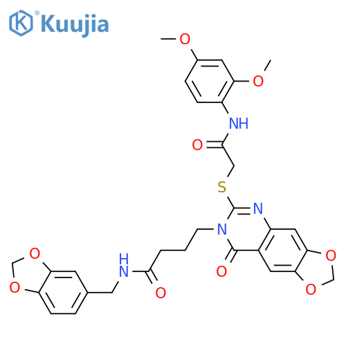 N-[(2H-1,3-benzodioxol-5-yl)methyl]-4-[6-({[(2,4-dimethoxyphenyl)carbamoyl]methyl}sulfanyl)-8-oxo-2H,7H,8H-[1,3]dioxolo[4,5-g]quinazolin-7-yl]butanamide structure